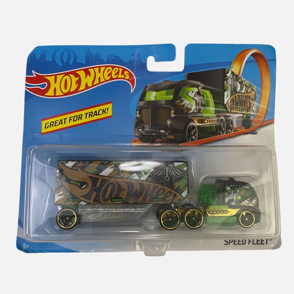 Hot Wheels Speed Fleet Hauler Truck Semi with Trailer Black Green 2018 Mattel